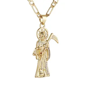 HZMAN Santa Muerte Necklace for Men Retro Gothic 14K Gold Plated Grim Reaper Saint Death Sickle Skull Pendant Party Jewelry Gift