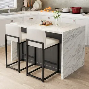Modern Counter Height Bar Stools Set of 2 – White Faux Leather Upholstered Chairs with Backrest & Footrest – Comfortable Seating for Kitchen Island, Dining Room, Bar Area