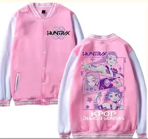 Harajuku Holly KPOP Demon Hunters Pink & White Baseball Jacket Unique Graphic Design Recycled Polyester Blends for Harajuku Enthusiasts Menswear Vneck Long Sleeve Coats