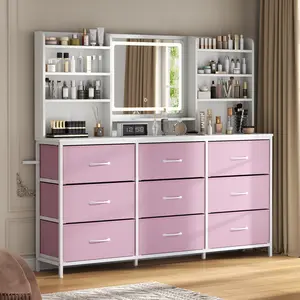 Vanity Desk with Mirror, 59" W Chest of Drawers with LED, Pink Dresser with 9 Large Fabric Drawers, Modern Makeup Table Vanity Desk with 6 Storage Shelves, 3 Lighting Modes vanity desk