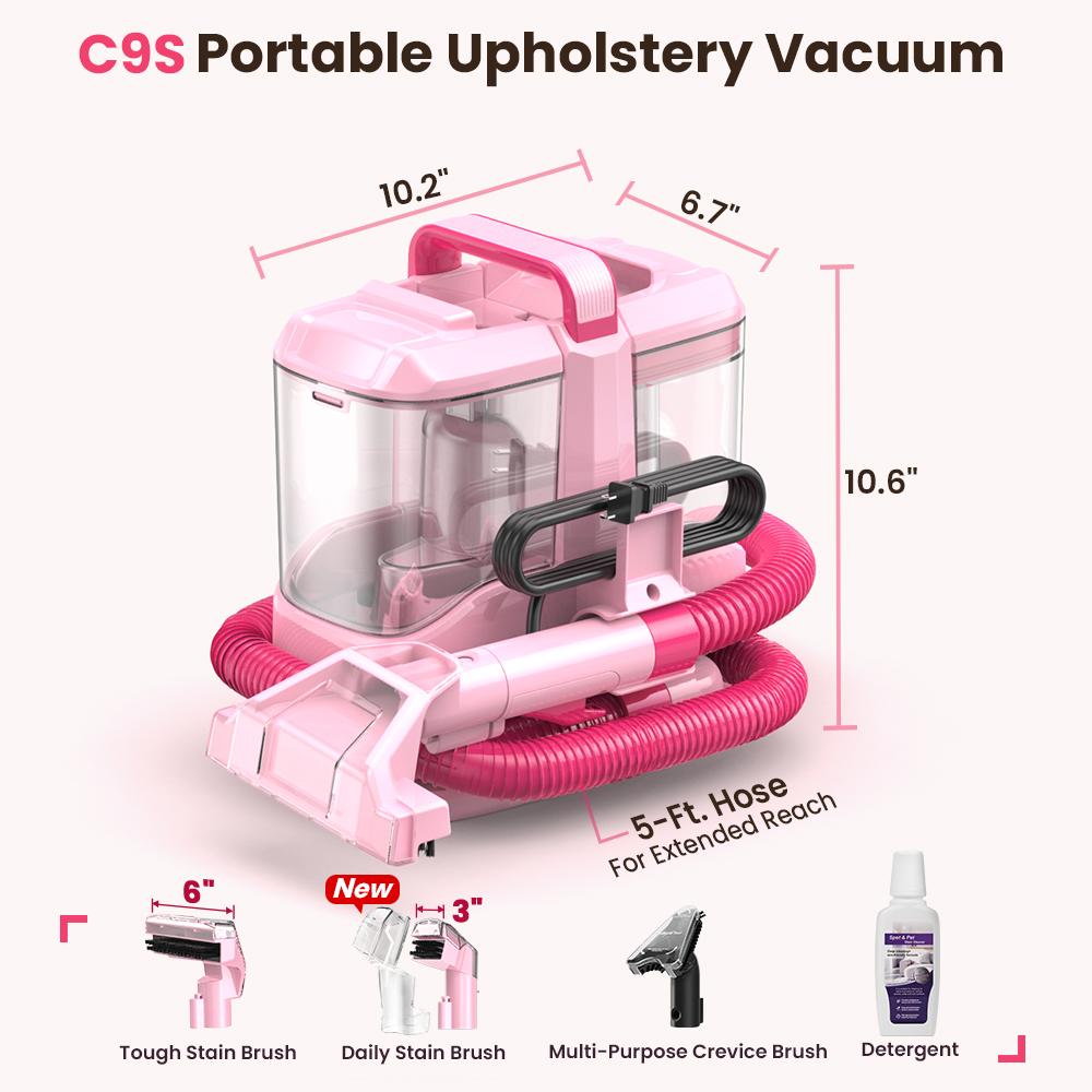 [Memorial Day Sale] Upholstery Carpet Vacuum Cleaner, 18KPa Suction Spot Cleaning Machine for Pet Stains, Carpets, Sofa, Car Seats, Mattress, with 3 Multipurpose Cleaning Tools, 6'' Deep Cleaning Brush | Portable 3-in-1 Little Pink C9S pet lovers
