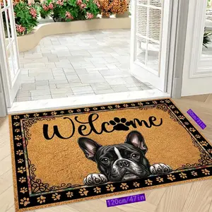 Playful French Bulldog WELCOME Pattern Entry Mat, Bathroom Doormat, Kitchen Mat, Durable and Comfortable.