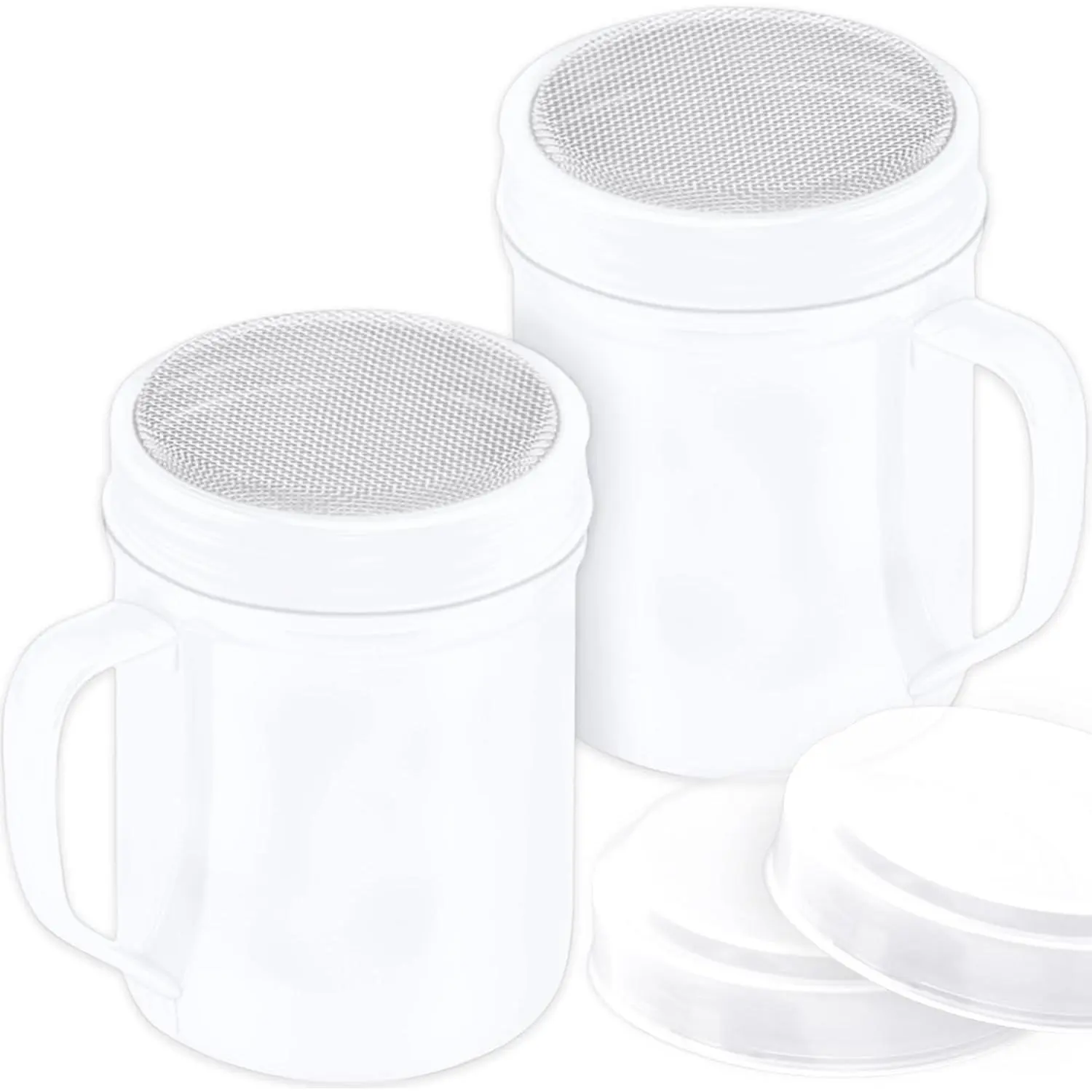 6 Ounce White  Sugar Shaker With Handle - Fine Mesh - With Plastic Cap - Pack of 2