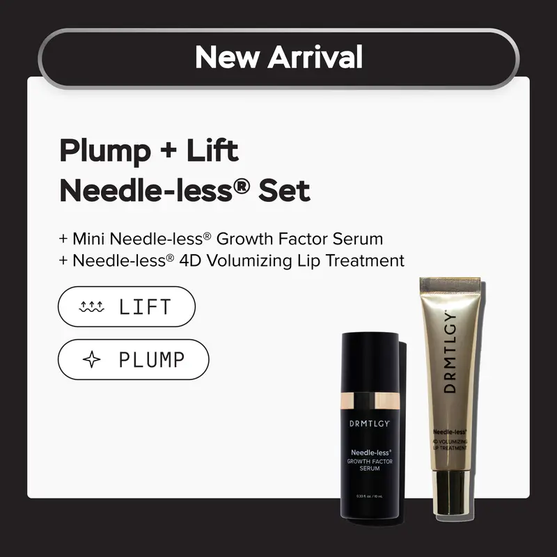 DRMTLGY Plump + Lift Travel Needle-less Set: Travel Size Needle-less Growth Factor Serum & Needle-less 4D Volumizing Lip Treatment. Visibly Lifts with Growth Factors. Plumps & Hydrates with Peptides.