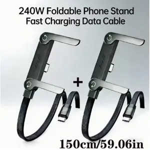 2PCS/1PC 1.5M/4.92ft 240W Fast-Charging Data Cable with Phone Stand, 90° Angled Plug, 360° Swivel, Multi-Angle Adjustment, Braided Cord, Compatible with iPhone 17/18 SGaming Gaming Phone; 240W Stand-Type Charging Cable for iPhone 17, Tablets, and Fa