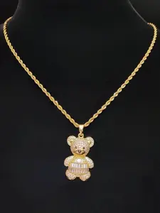 Artificial Zircon Bear Animal Pendant Necklace, Cubic Zirconia Pendant, Sparkling CZ Necklace, Stainless Steel Twisted Chain, Unisex Hip Hop Punk Jewelry, Fashion Vintage Accessory, Cubic Zirconia Necklaces, Zircon Gemstone Necklace