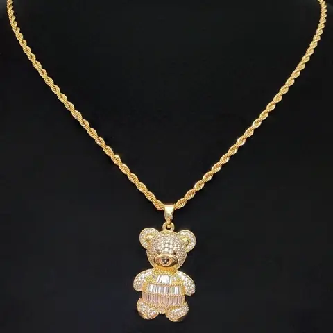 Artificial Zircon Bear Animal Pendant Necklace, Cubic Zirconia Pendant, Sparkling CZ Necklace, Stainless Steel Twisted Chain, Unisex Hip Hop Punk Jewelry, Pendants Necklace Chains