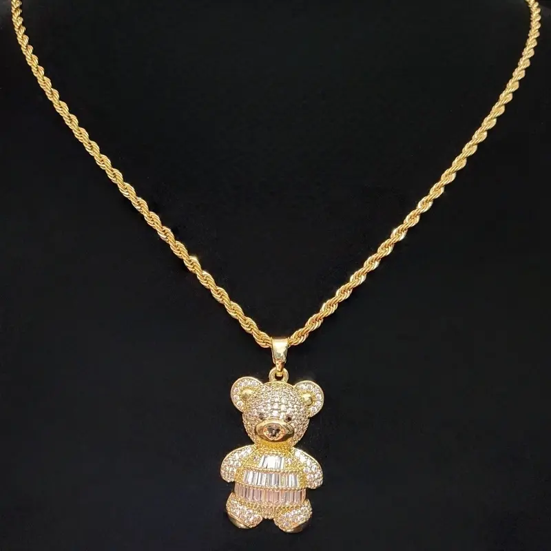 Artificial Zircon Bear Animal Pendant Necklace, Cubic Zirconia Pendant, Sparkling CZ Necklace, Stainless Steel Twisted Chain, Unisex Hip Hop Punk Jewelry, Pendants Necklace Chains