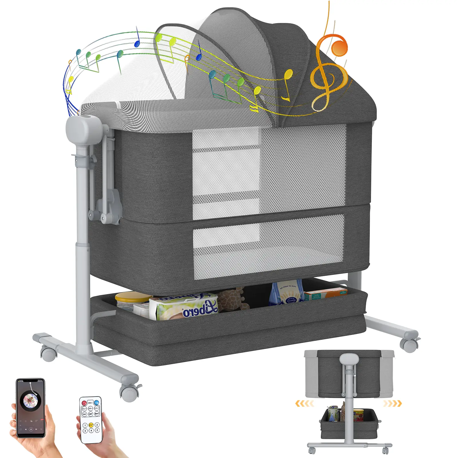 Electric Rocking Bassinet for Baby, 5 and 1 Baby Bedside Bassinets with Remote Control, Portable Bassinets Bedside Sleeper for Newborn with 3-Speed Sw