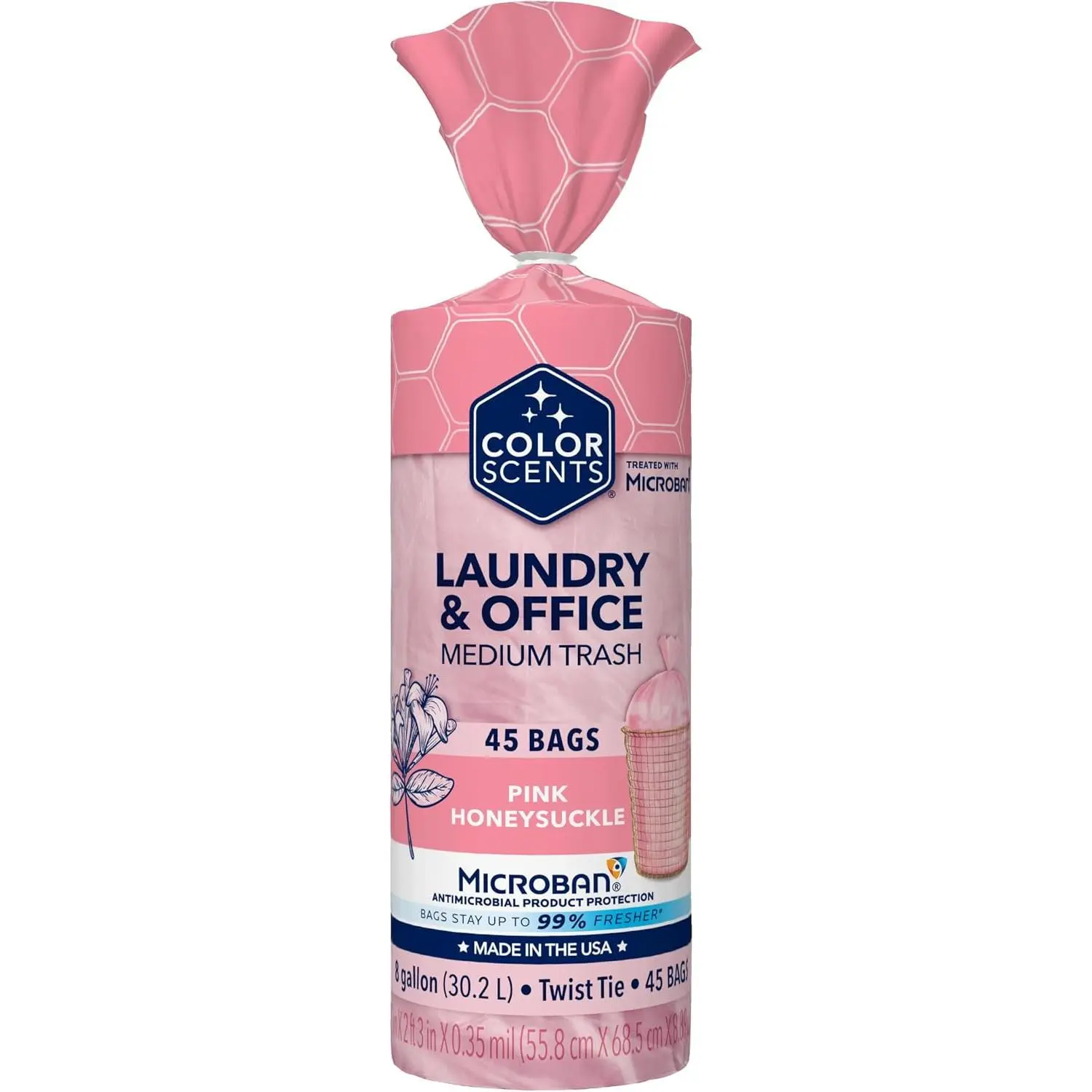 Color Scents 8-Gallon Trash Bags, Twist Tie, Microban Odor Protection, Pink Honeysuckle Scent, 45 Count