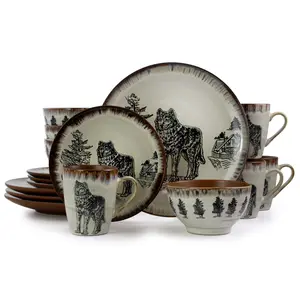 Elama EL-MAJESTICWOLF16 Majestic Wolf Luxurious Stoneware Dinnerware with Complete Setting for 4 - 16 Piece