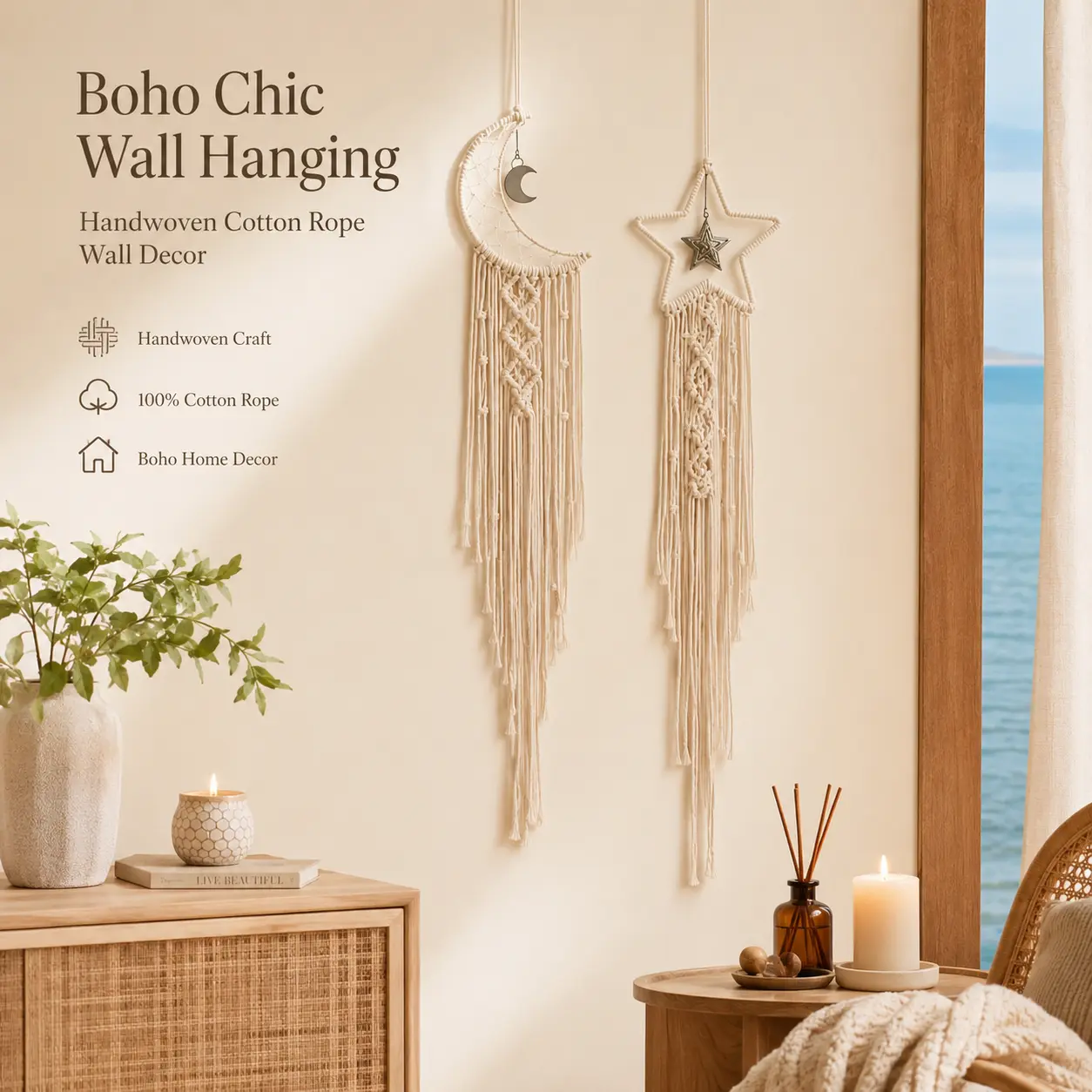 Boho Moon Macrame Wall Hanging | Handmade Cotton Rope Home Decor