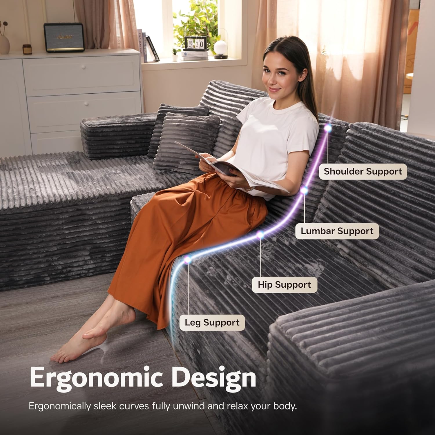 133" U Shape Cloud Couch Plus Sectional Sofa with Chaise Modern Modular Sofa with 7 Soft Pillows & Lounge Chairs Boneless Upholstered Couches for Living Room Bedroom Plush Corduroy Fabric U-Shaped Bed