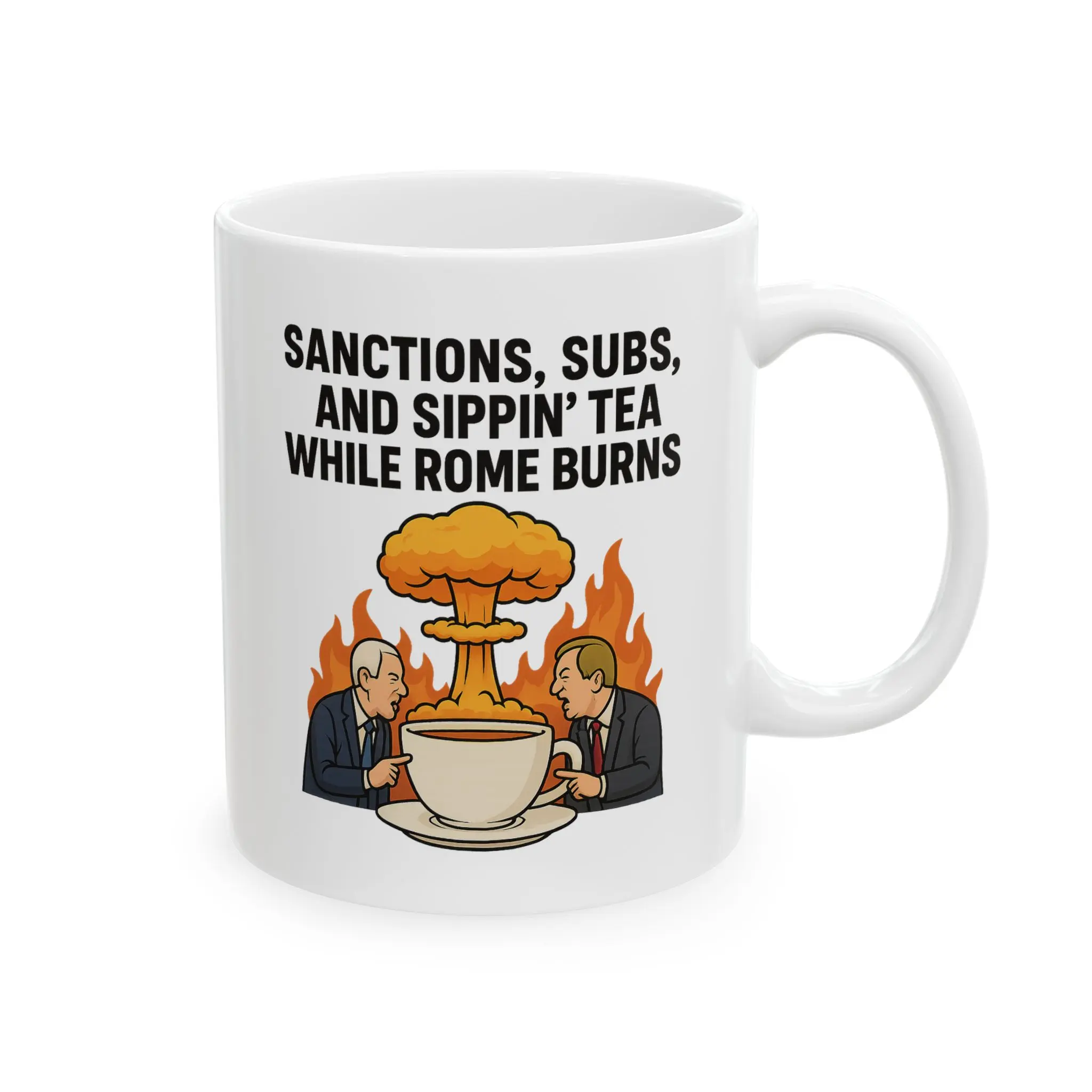 Ceramic Mug, Tea Cup with Mushroom Cloud Rising Political Absurdity Internet Meme Culture, Funny Novelty Coffee Cup, Gift for Activists,