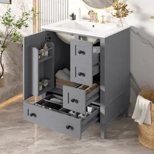 24-inch bathroom vanity with an integrated ceramic basin, featuring a door-mounted double-layer shelf, soft-close drawers, and a soft-close cabinet door.