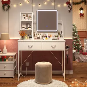 Raybee Small Vanity Desk with Mirror and Lights, Makeup Vanity with Fabric Storage Drawers, Compact Dressing Table with Power Outlet and Hair Dryer Holder for Bedroom, Small Space, Chirstmas Gifts Choice, White, Black