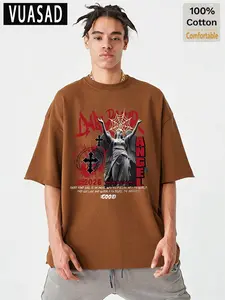 Men's Casual Short Sleeve T-Shirt, Vintage Street Style, Gypsum Angel Spider Web Letter Print, Comfortable Fashion Daily Wear