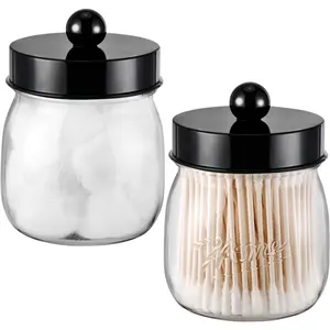 Farmhouse Decor Apothecary Jar Set Mason Jar Bathroom Vanity Storage Organizer Canister Qtip Holder Plastic Acrylic Jar for Cotton Swabs Cotton Pad Floss Pick Paper Clip Hair Clip 2 Pack Black