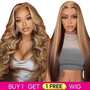 [Blend] Buy 1 Get 1 Free Special Sale | Blended Human Hair Lace Front Wig 180% Density Soft & Full #P4/27 Body Wave & Straight Hair Wig