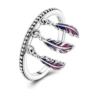 LAZA Aurora Feather Ring for Women, S925 Silver Plated Purple Blue Enamel, Adjustable Open Dangle Band Ring, Boho Stackable Statement Jewelry, Celestial Wing Wrap Ring, Gifts for Her Birthday Anniversary Valentines Christmas
