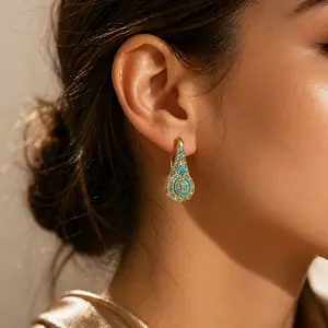 Turquoise Inlay Gold Drop Earrings for Women Vintage Bohemian Teardrop Statement Earrings Lightweight Elegant Jewelry for Daily Wear Gift