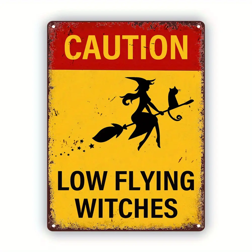 8x12 Inches Vintage Style Wall Art - Spooky Halloween Metal Sign 'Caution: Low-Flying Witches' with Witch on Broom & Black Cat Design for Home & Office Decor