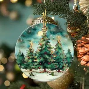 2024 Christmas Tree Forest Ornaments Round Ceramic Ornament Christmas Keepsake Decor for Christmas Tree Winter Holiday Xmas Gift for Women Men Hanging Ornament 3"