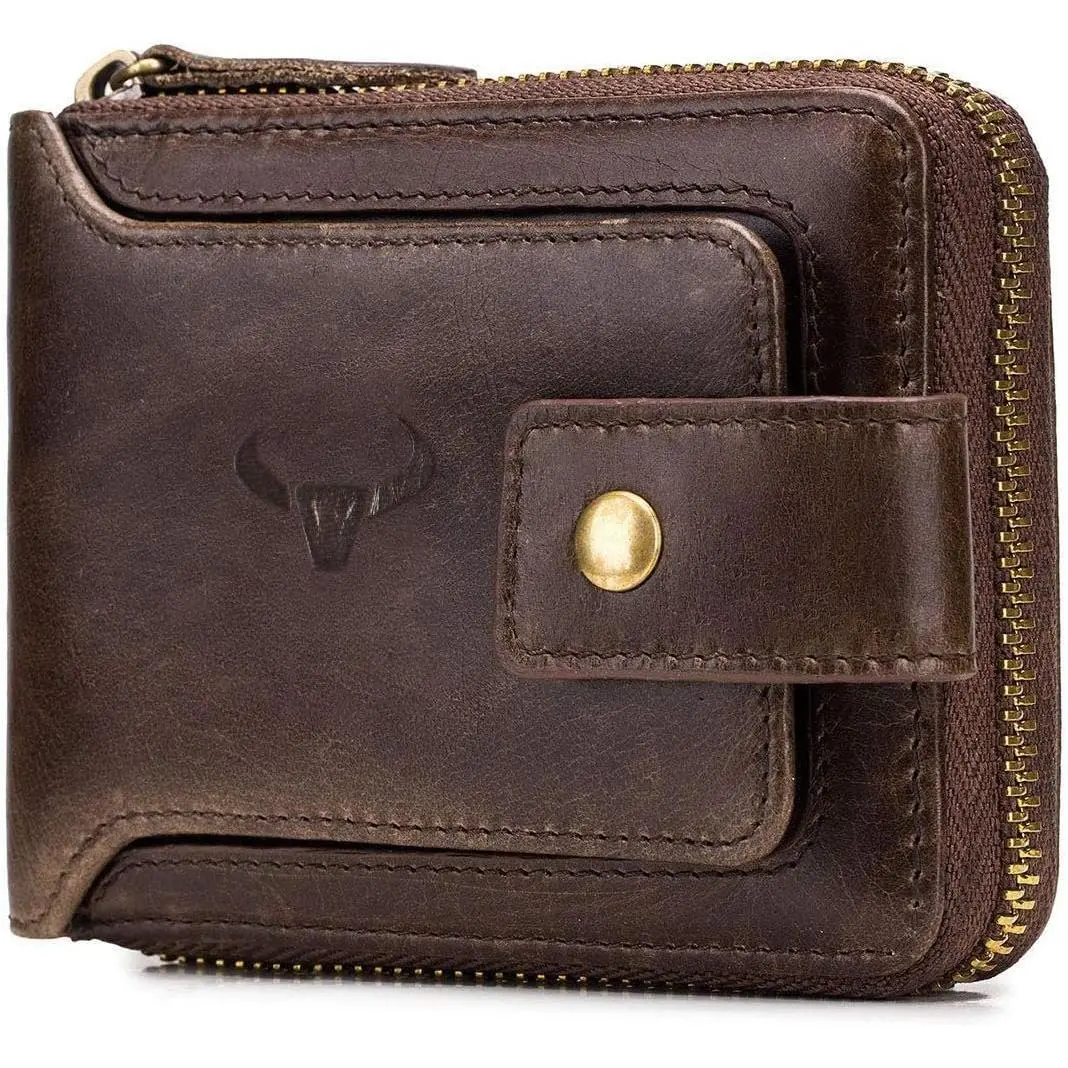 RFID Men Leather Zipper Wallet Zip Around Wallet Bifold Multi Card Holder Purse (Brown)