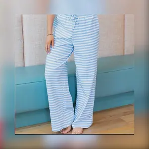 Lulu Mac Light Blue Striped Pants Womenswear  Casual Cotton Fabric Knit Bottoms Everyday
