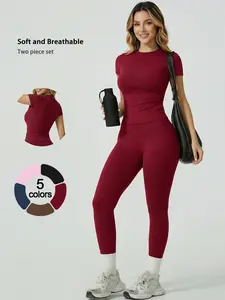 2 Piece Set Womens Loungewear Set Short Sleeve Long Pants Solid Color Soft Breathable Fashion Crew Neck Casual Versatile Snug Sleepwear Set High Stretch Butt Lifting Slim Fit Yoga Wear All Season Womens Sportswear for Outdoor Fitness Training