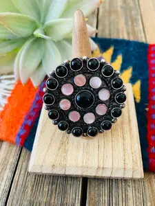 Handcrafted  Sterling Silver, Onyx & Mother of Pearl Cluster Ring Size 9