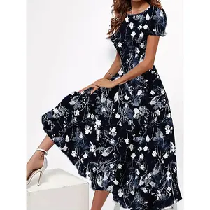 Floral Print Crew Neck Dress, Elegant Short Sleeve Dress For Spring & Summer, Women's Clothing