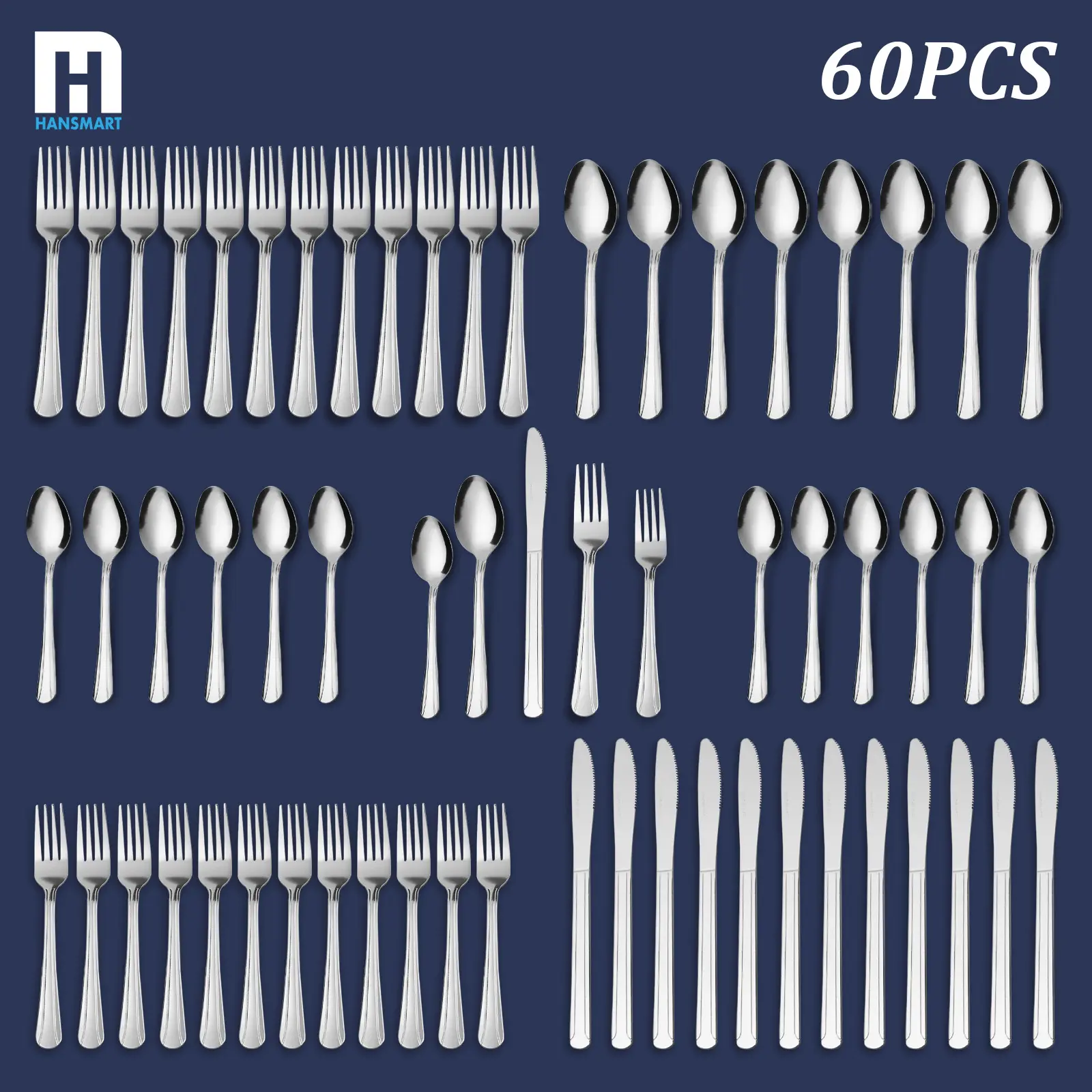 60-Piece Dominion Stainless Steel Combo Utensil Dinner Sets - Mordern Cutlery Set with Knives, Forks, Spoons, Dishwasher Safe, Ideal for Home Kitchen, Daily Indoor Dining, Parties, Hotels, Restaurants and Commercial Business Use.