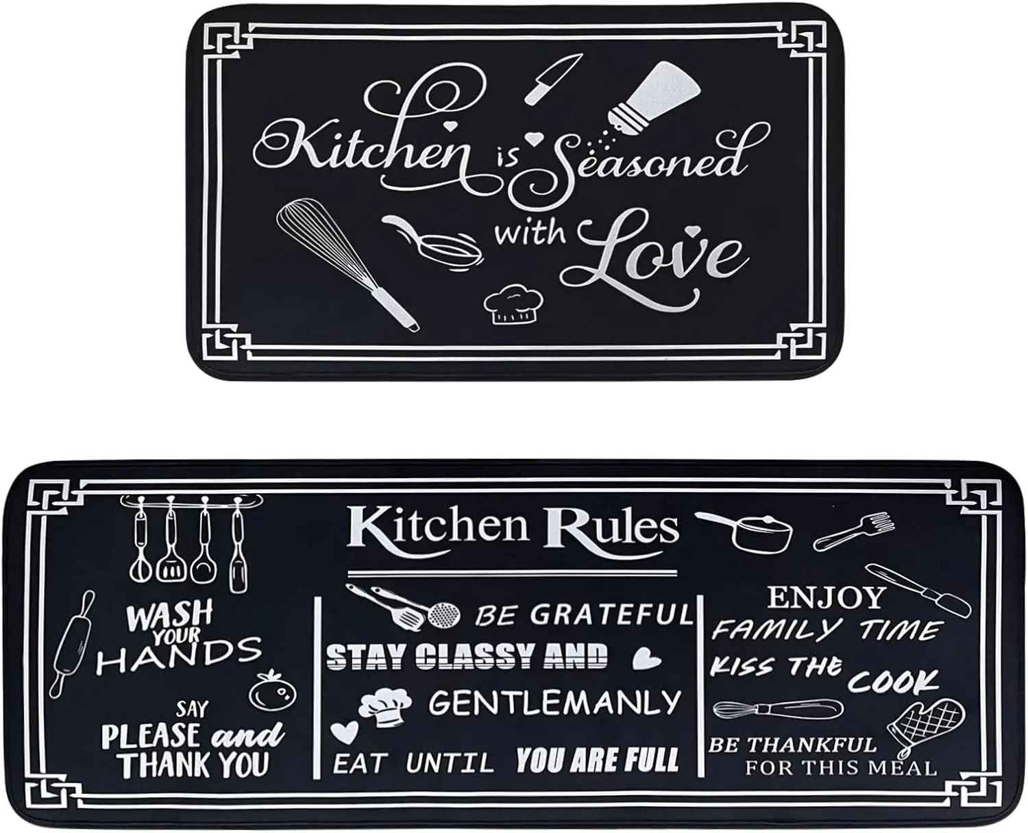 Black and White Kitchen Rugs—Non-slip, Washable Kitchen Mats; Cushioned Runner Rugs Featuring a "Kitchen Rules" Theme (2-Piece Set)
