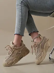 Women's Casual Chunky Sole Sneakers for All Seasons, Lightweight Breathable Outdoor Shoes, Trendy PU Leather and Textile Design, Thick Soled Sneakers