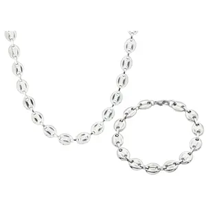 Mens Stainless Steel Puff Mariner Link Chain Set