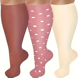 3 Pairs Plus Size Women’s Elastic Sports Compression Socks Breathable Nylon Calf Socks with Pink Polka Dot Design,  All Season Support for Athletic Performance , Hand Wash Only, Stockings Smooth Fabric Construction