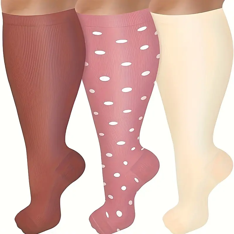 3 Pairs Plus Size Women’s Elastic Sports Compression Socks Breathable Nylon Calf Socks with Pink Polka Dot Design,  All Season Support for Athletic Performance , Hand Wash Only, Stockings Smooth Fabric Construction