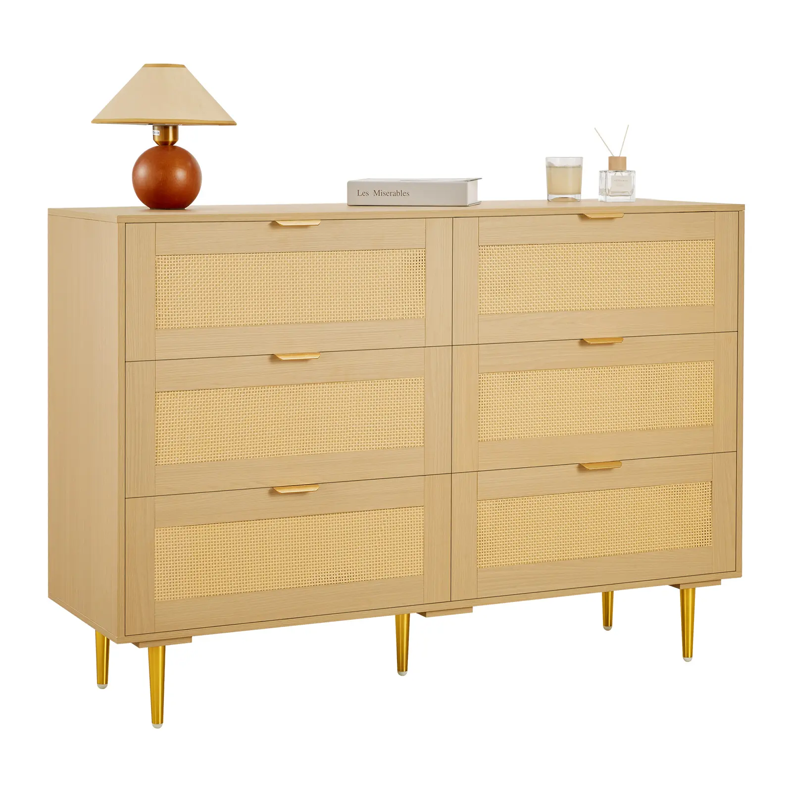 VEVOR 6 Drawer Rattan Dresser, Double Dresser for Bedroom, Natural Rattan Chest of Drawers with Metal Handles & Legs, Modern Wood Chest Clothing Organizer & Storage for Bedroom, Living Room, Hallway