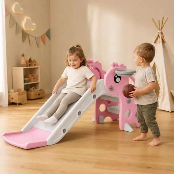 3-in-1 Toddler Slide for Ages 1-3 Featuring Indoor & Outdoor Kids Climber Playset, with Basketball Hoop, Freestanding Baby Slide with Non-Slip Steps, Pink Deer-Shaped Playground