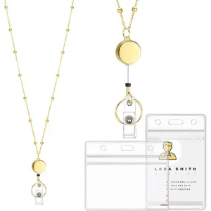 HY-KC121 Lanyards for Id Badges Stainless Steel Badge Lanyard with 2 Pcs Waterproof Badge Holder Retractable Badge Lanyards Teacher Lanyard for Cruise Ship Key Cards Id Badges (Gold)