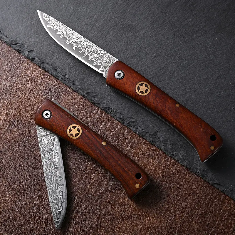 Damascus Stainless Steel Folding Knife - Compact Rust-Proof Folding Blade, Vintage Star-Inlay Brass, Solid Wood Handle, Sharp Portable Cutlery, Ideal for Outdoor Tasks & Daily Chores, Male Gift for Thanksgiving