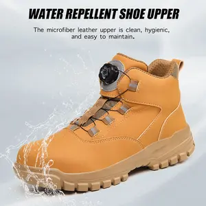 Men’s safety shoes with steel toes, impact-resistant and puncture-proof; non-slip, wear-resistant high-top safety boots; quick lace-up with rotating buttons; waterproof, splash-resistant upper; suitable for construction sites, durable and long-lasting.