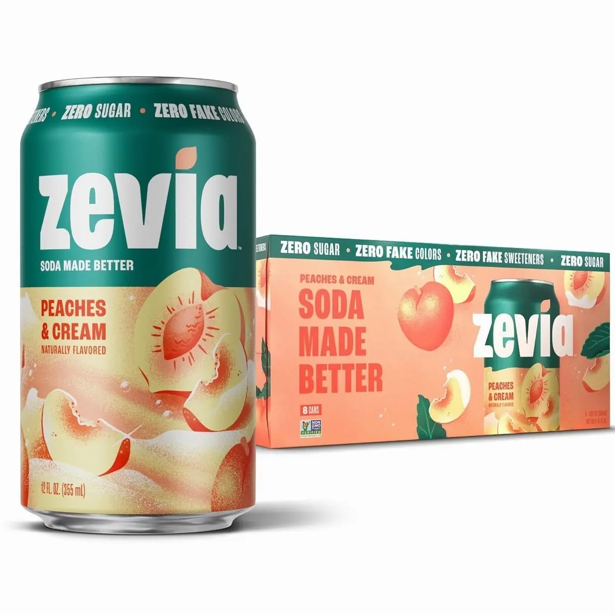 Zevia Zero Sugar Soda, Peaches and Cream, 12 oz Cans (8-Pack) – Caffeine Free, Naturally Sweetened, No Calorie Soda - Non-GMO Project Verified, Gluten-Free, Vegan