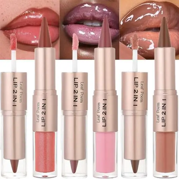 3 Pcs Double-ended Glossy 2-in-1 Lip Liner and Lipstick Set (#04 #05 #06) | Double-ended Glossy 2-in-1 Lipstick Smooth Buildable Lipgloss Waterproof and Long-Lasting Moisturizing