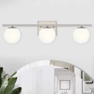 YHTlaeh Bathroom Wall Light Fixture, 3 Lights Bathroom Vanity Light With Brushed Nickel Milk White Globe Glass Shades, Brushed Nickel Vanity Lights For Bathroom, Powder Room, Vanity Table, Bedroom, Kitchen(Exclude G9 Bulb)