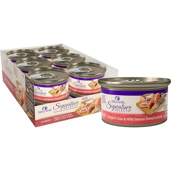 Wellness CORE Signature Selects Flaked Adult Canned Wet Cat Food, Natural, Protein Rich, Grain Free, Skipjack Tuna and Wild Salmon Entrée Recipe, 2.8 oz, Pack of 12 Cans