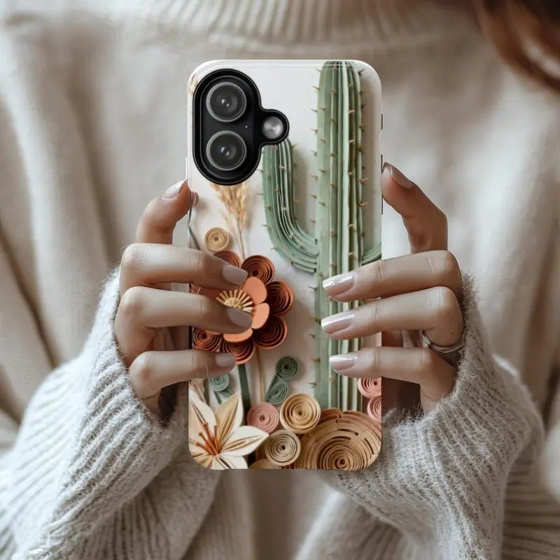 Boho Cactus Quilled Paper Smartphone Case - Neutral Floral Desert Art Durable Shell, Flower Aesthetic Polycarbonate-TPU Dual-Layer Accessory, Minimalist Western Gift for iPhone 11-17 Pro Max Air Plus, Accessories