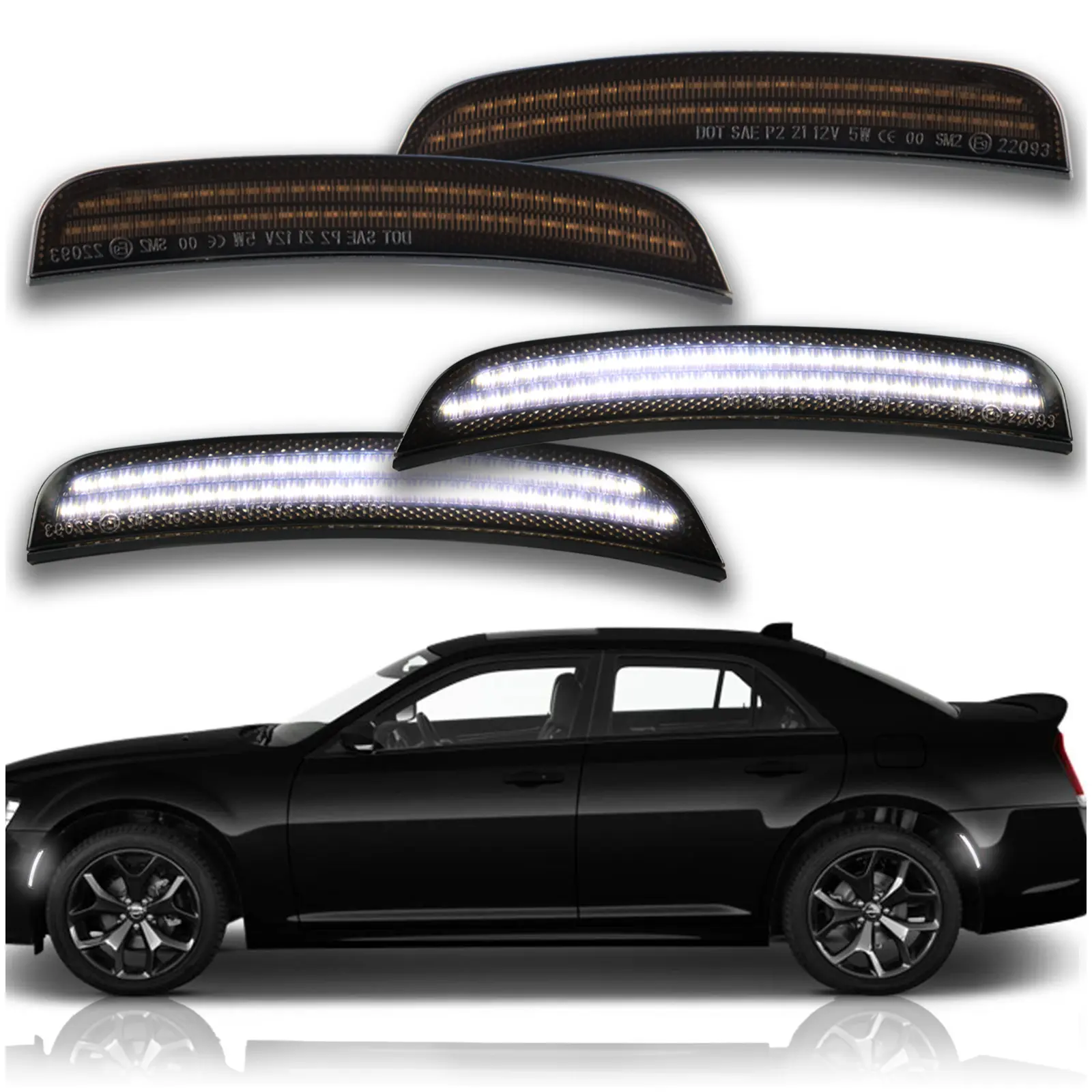 Smoked LED Side Marker Lights Kit For Chrysler 300 Sedan 2015-2024 White  LED Turn Signals Front & Rear bumper Side Marker Lamps 4PCS, Led Lights Car