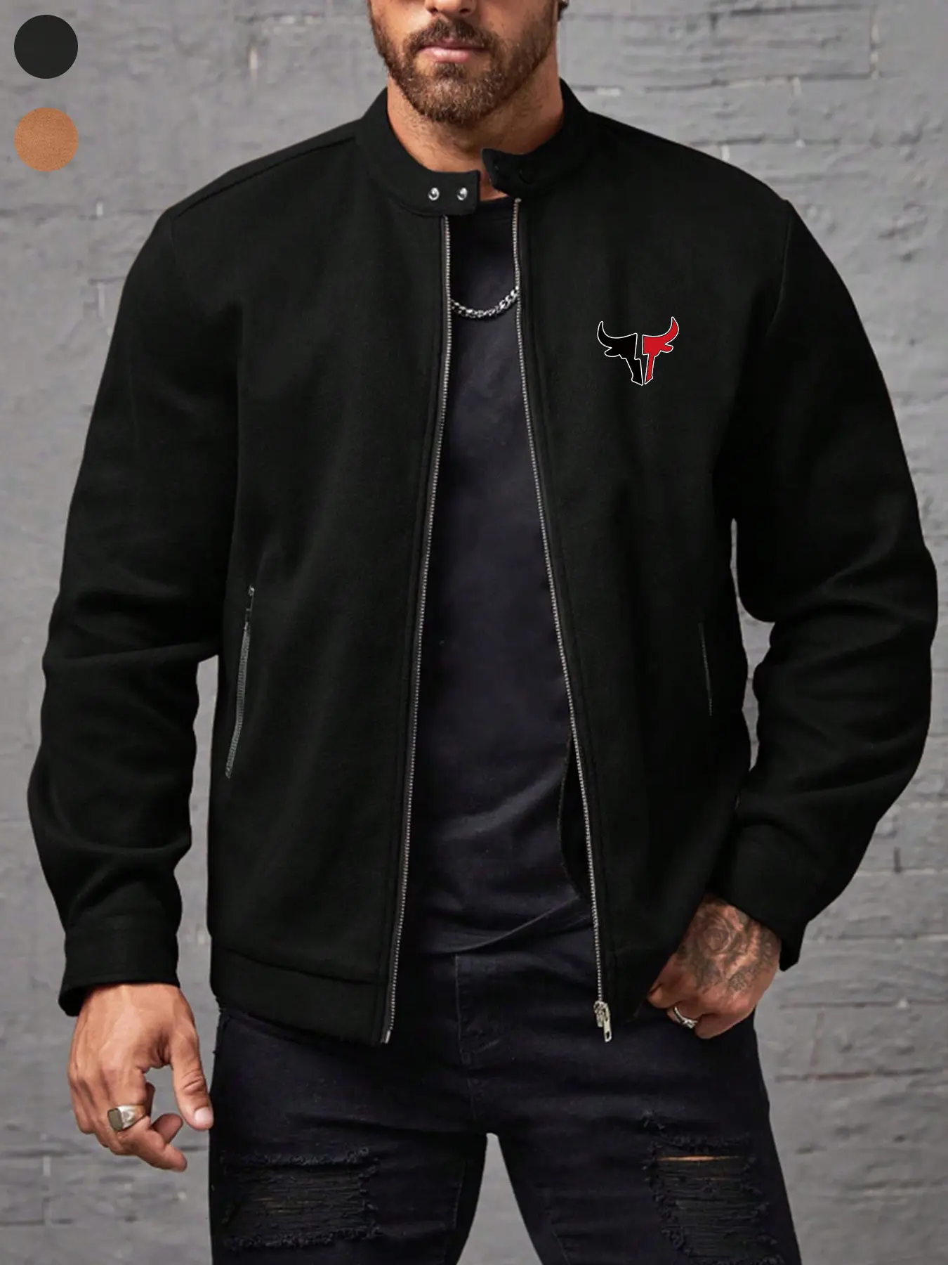 Men's Trendy Zipper Jacket, Stand Collar, Pocket Design, Unique Style, Bull Element, Casual Wear, All Seasons, School Commute, Streetwear